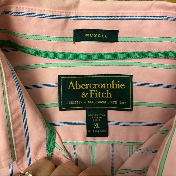 Abercrombie & Fitch Mens Button Up Dress Shirt Adult XL Pink & Green Striped - Picture 10 of 11